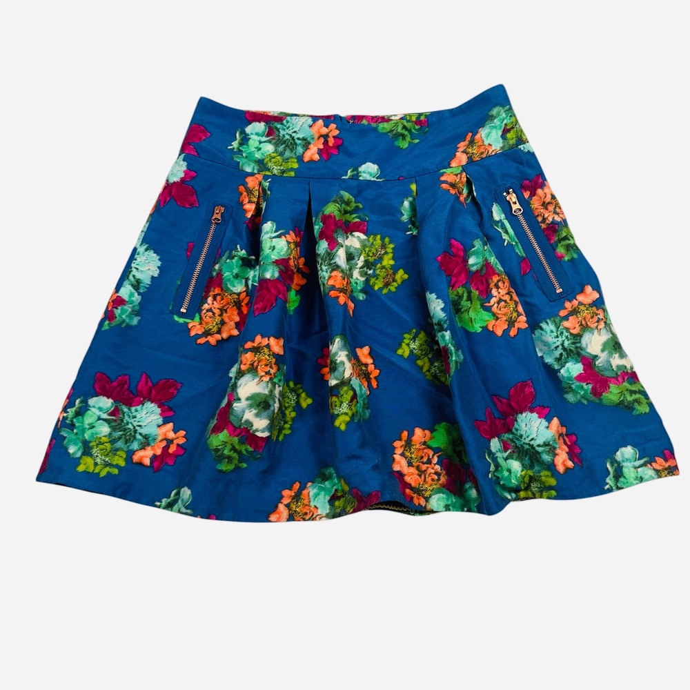 Anthropologie Maeve Floral Mini Skirt Womens 12 Blue Silk Blend‎ Pleated Pockets